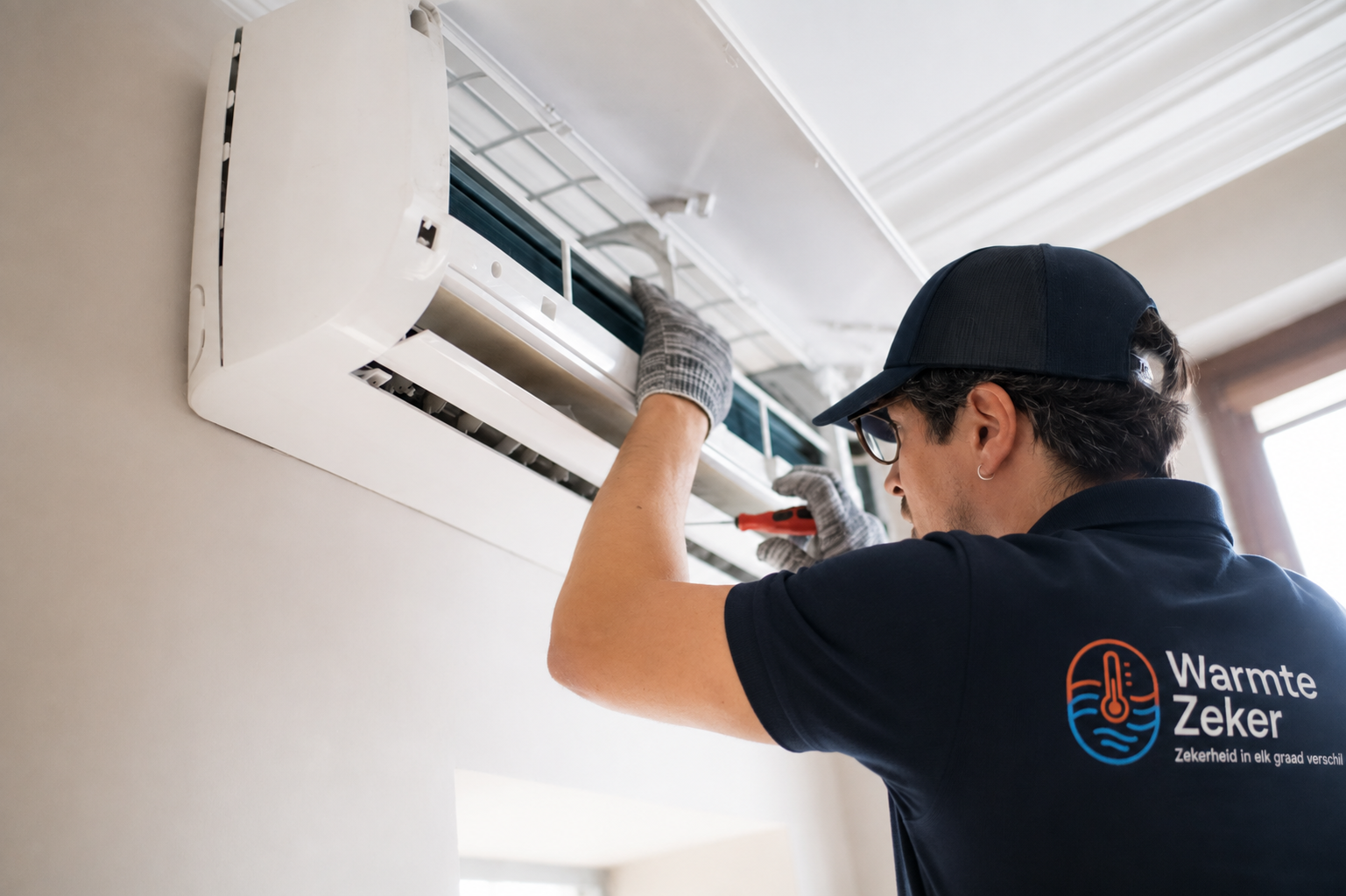 Monteur in Warmte Zeker-kleding onderhoudt een airco